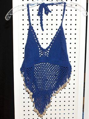 Vintage Island Planet Miami Beach Crochet Halter Top Puka Shell Fringe Boho Y2K
